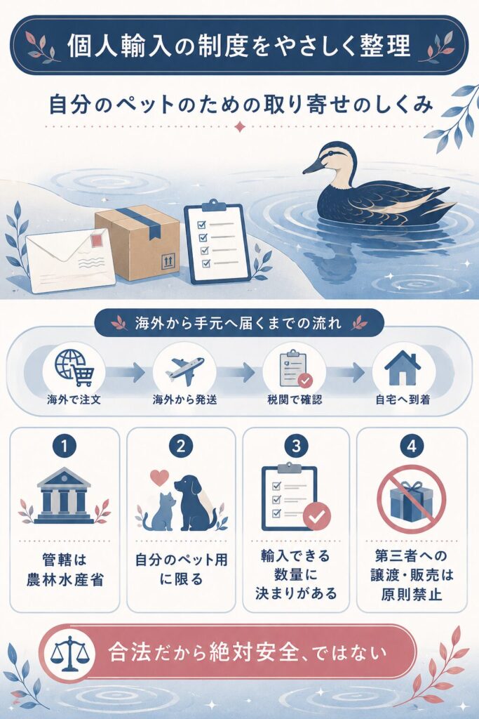 動物用医薬品の個人輸入の制度を4つのカードで整理した図解