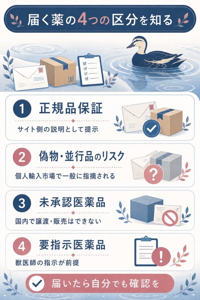 届く薬の正規品・偽物・未承認・要指示の4区分を並べた図解
