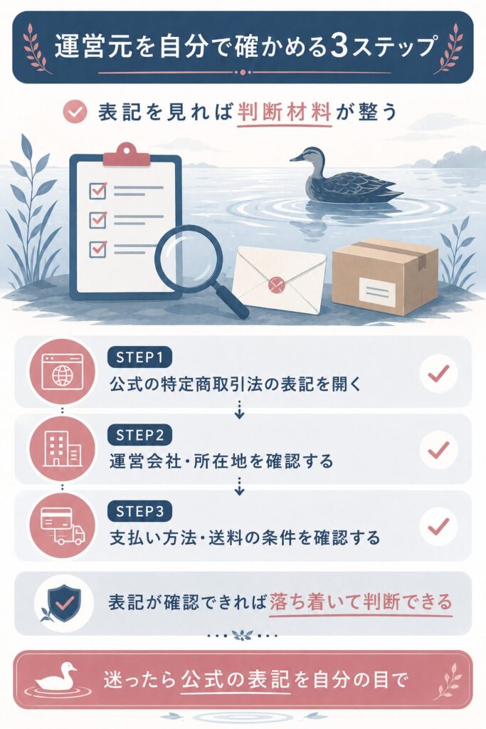 運営会社と特商法表記を自分で確認する3ステップを示した図解