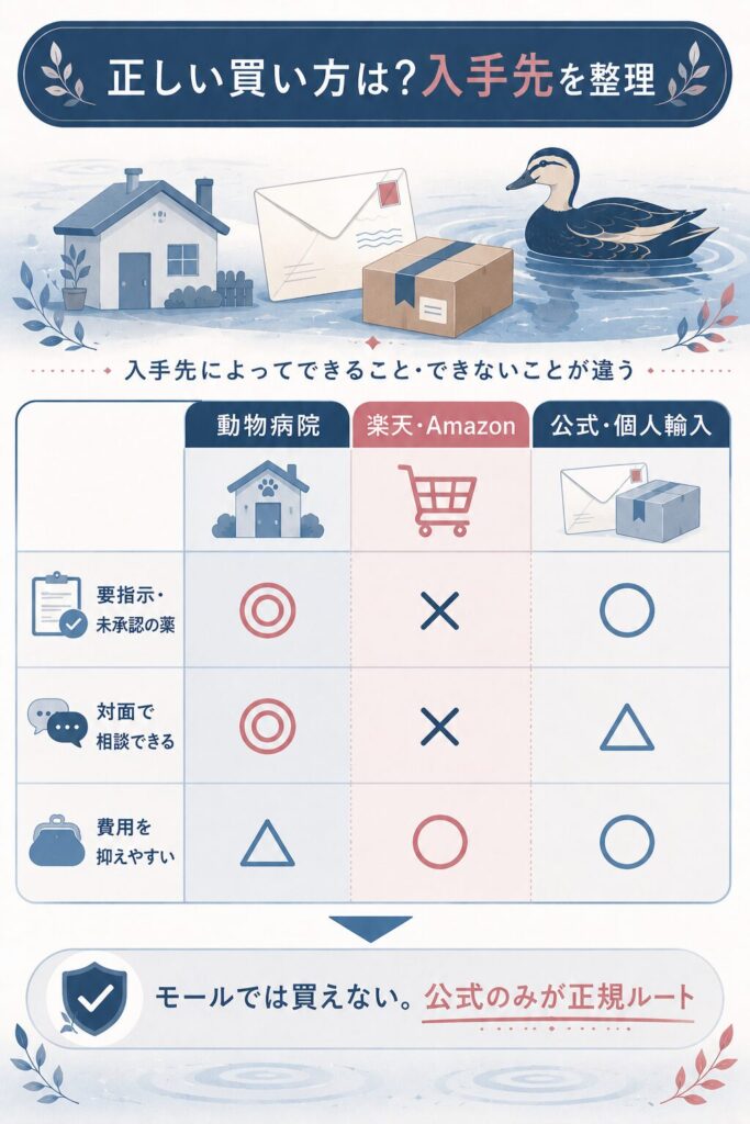 動物病院・大手モール・公式の入手先を記号で比較した図解